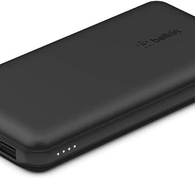 Belkin 10000mAh portable power bank, 10K USB-C portable charger with 1 USB-C port and 2 USB-A ports, battery pack for up to 15W charging for iPhone, Samsung Galaxy, AirPods, iPad, and more - Black