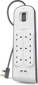Belkin Extension Lead with USB Slots x 2 (2.4 A Shared), 6 Way/6 Plug Extension, 2m Surge Protected Power Strip - White