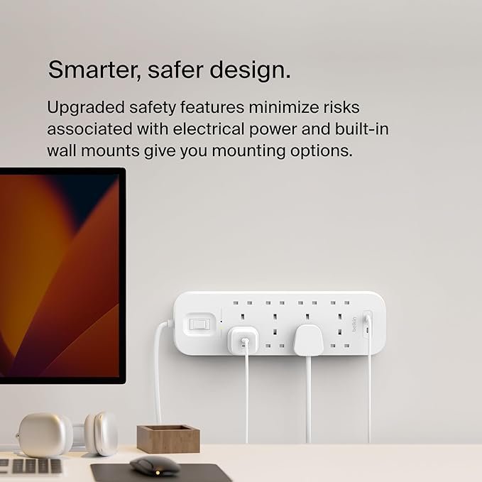 Belkin 8-Outlet Surge Protector Power Strip, Wall-Mountable with 8 AC Outlets, 2M Power Cord, & Green Indicator Light - 2 USB-C Ports w/USB-C PD Fast Charging - 900 Joules of Protection - Image 3