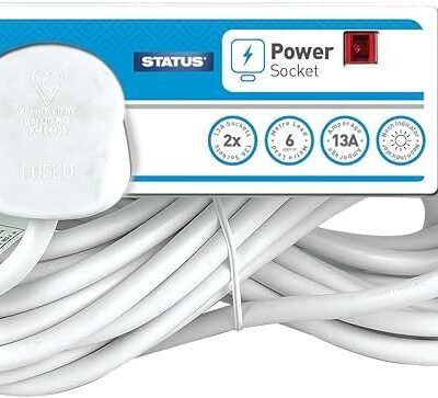 STATUS White Extension Lead | 6m Extension Cable with 2 Sockets with Neon Indicator | S2W6MS8
