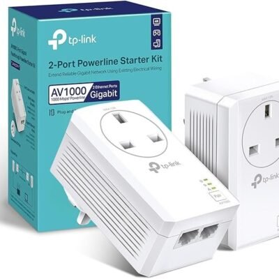 TP-Link TL-PA7027P KIT AV1000 2-Port Gigabit Passthrough Powerline Starter Kit, Data Transfer Speed Up to 1000 Mbps, Ideal for HD/3D/4K Video Streaming, Online Gaming, No Configuration Required, White