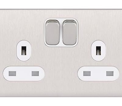 Schneider Electric Lisse Screwless Deco - Switched Double Power Socket, 13A, GGBL3020WSS, Stainless Steel with White Insert