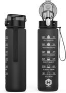 HOMEEX 1L (32oz) Motivational Water Bottle, BPA-free Sports Water Bottle with Time Marker - Quotes - One-Click Technology Ideal for Jogging, Hiking, Office, School, Adults, Children (Black)