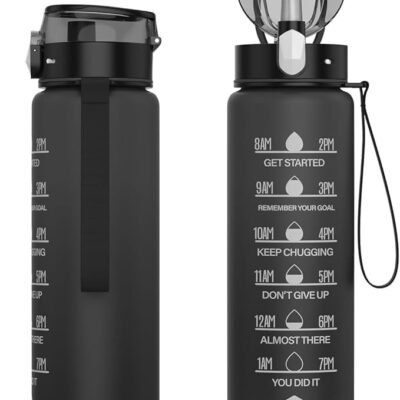 HOMEEX 1L (32oz) Motivational Water Bottle, BPA-free Sports Water Bottle with Time Marker - Quotes - One-Click Technology Ideal for Jogging, Hiking, Office, School, Adults, Children (Black)