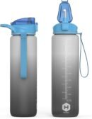 HOMEEX 1L (32oz) Motivational Water Bottle, BPA-free Sports Water Bottle with Time Marker - Quotes - One-Click Technology Ideal for Jogging, Hiking, Office, School, Children (White & Deep Grey)