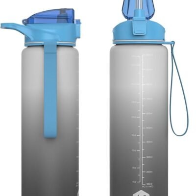 HOMEEX 1L (32oz) Motivational Water Bottle, BPA-free Sports Water Bottle with Time Marker - Quotes - One-Click Technology Ideal for Jogging, Hiking, Office, School, Children (White & Deep Grey)