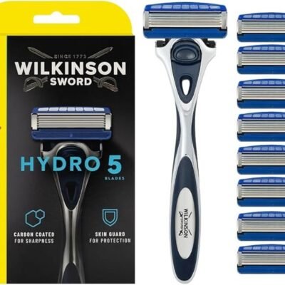 WILKINSON SWORD - Hydro 5 Razor For Men, Carbon Coated Blades, Hydrating Gel & Precision Trimmer, Razor + 8 Razor Blades