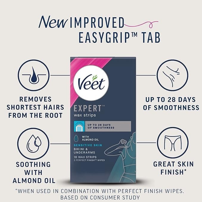 Veet Expert Cold Wax Strips, 16 Strips + 3 Finish Wipes, Brazilian Wax, Bikini Wax Strips, Bikini Hair Removal Underarm, Senisitive Wax Strips, Almond Oil, Waxing, Hair Removal - Image 2