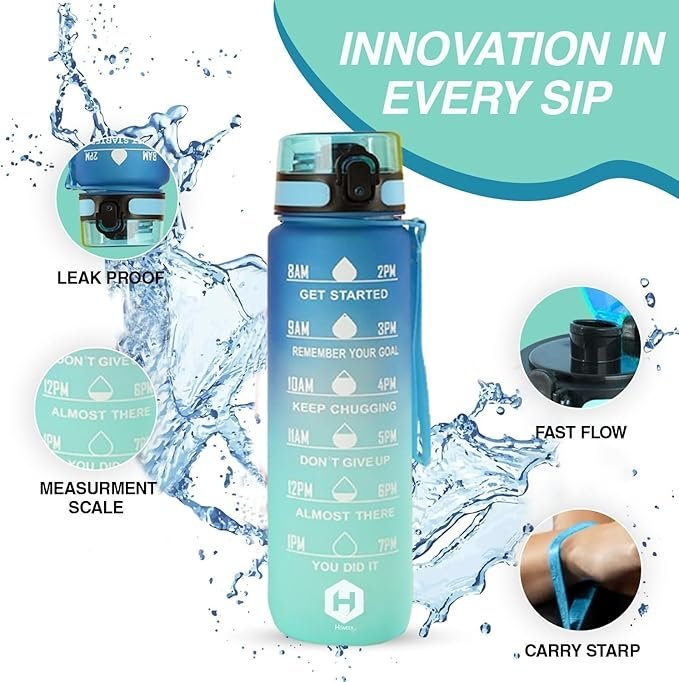HOMEEX 1 Litre Water Bottle Motivational Fitness Sport Water Bottles with Straw & Time Maker, BPA-free Plastic Drink Bottle 1l Design for,Gym (Blue and Deep) - Image 2