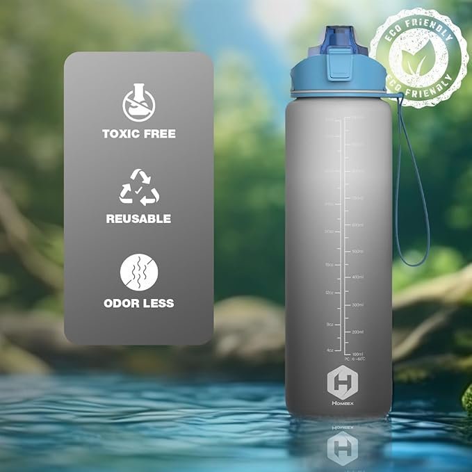 HOMEEX 1L (32oz) Motivational Water Bottle, BPA-free Sports Water Bottle with Time Marker - Quotes - One-Click Technology Ideal for Jogging, Hiking, Office, School, Children (White & Deep Grey) - Image 2