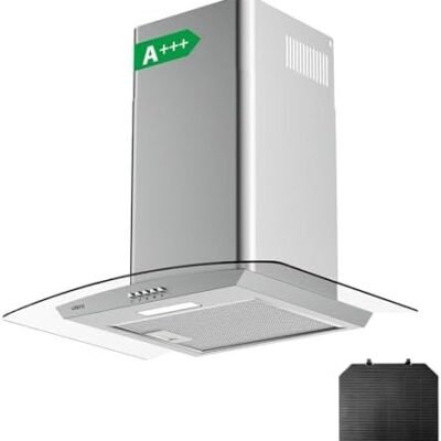 CIARRA CBCS6506B Curved Glass Cooker Hood 60cm 650 m³/h Chimney Hoods with 3 Speed Recirculating Ducting Kitchen Ventilation Extractor Fan with Carbon Filter [Energy Class A+++]