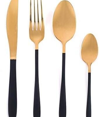 Salter BW07218 NoirGold 16-Piece Cutlery Set - Stainless Steel Flatware, Dinnerware For 4 Place Settings, Gold Mirror Polish Finish