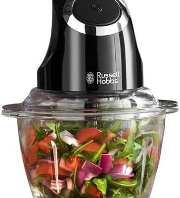 Russell Hobbs Desire Electric Fruit & Vegetable Mini Chopper, 1L glass bowl with 500ml food capacity & storage lid, Dishwasher safe parts, Stainless Steel blades, One touch operation, 200W, 24662