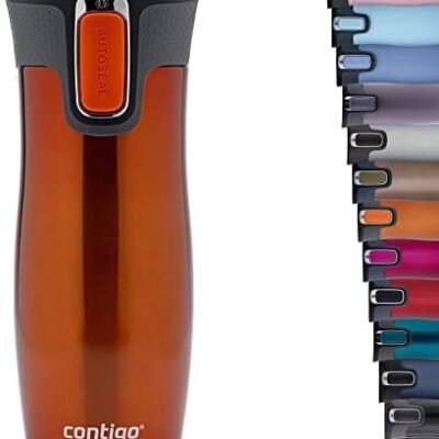 Contigo West Loop Autoseal Travel Mug, Stainless Steel Thermal Mug, Vacuum Flask, Leakproof Tumbler, Coffee Mug with BPA Free Easy-Clean Lid, 470 ml, Tangerine