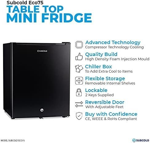Subcold Eco75 Mini Fridge Black | Table-Top Model | Counter-Top Fridge | Solid Door with Chiller Box | Lock & Key | Energy Efficient (75L)… - Image 2