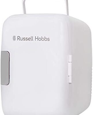 Russell Hobbs Mini Fridge RH4CLR1001 4L/6 Can Portable Mini Cooler & Warmer for Drinks, Cosmetics/Makeup/Skincare, AC/DC Power, Retro Style, White, For Bedroom, Home, Caravan, Car