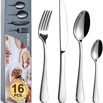 Cutlery Set, BEWOS 16 Piece Stainless Steel Flatware Set, Tableware Silverware Set with Spoon Knife and Fork Set, Service for 4, Dishwasher Safe/Easy Clean, Mirror Polished