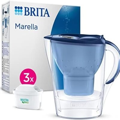 BRITA Marella Water Filter Jug Blue (2.4L) Starter Pack incl. 3x MAXTRA PRO All-in-1 cartridge - fridge-fitting jug with digital LTI and Flip-Lid - now in sustainable Smart Box packaging