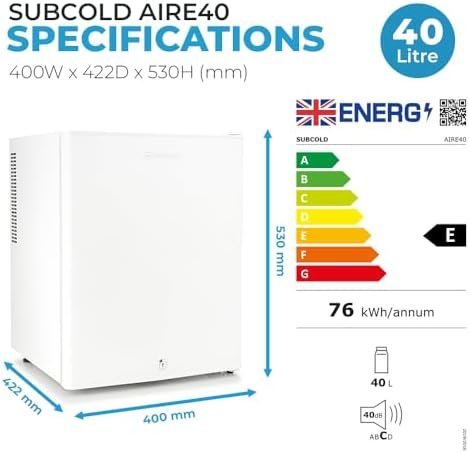 Subcold Aire40 LED Mini Fridge | 40L Table Top Fridge | Quiet & Frost Free for Bedrooms & Hotels | Lockable with Solid door & interior LED light (White) - Image 5