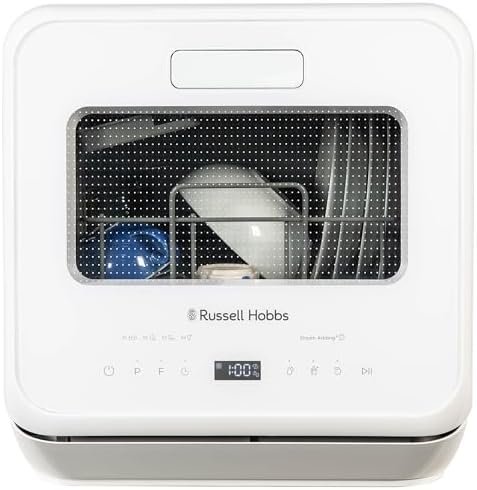 Russell Hobbs Mini Dishwasher Compact Table Top 2 Place Setting, LED Display, Touch Control, 4 Programmes, Portable & Efficient, Baby Care, Rinse & Eco Mode, No Plumbing, White RH2TTDW101W