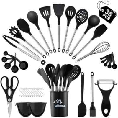 38 Pieces Kitchen Utensils Set, BEWOS Silicone Cooking Utensils Set with Spatula, Utensil Holder and Measuring Spoons, Nonstick Heat Resistant, Black Kitchen Gadgets, Stainless Steel Handle