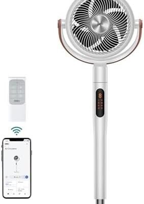 Dreo 43 Inch Smart Pedestal Fan for Bedroom, 25dB Silent Standing Fan with Remote, 120°+105° Oscillating Air Circulator Fan, 6 Modes, 8 Speeds, Works with Alexa/Google, PolyFan 513S, White